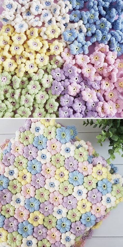 Crochet Flower Rug, Crochet Blanket Tutorial, Puff Stitch Crochet, Puff Flower, Crochet Flower Blanket, Crochet Puff Flower, Gilet Crochet, Crochet Blanket Pattern Easy, Clothes Tutorial