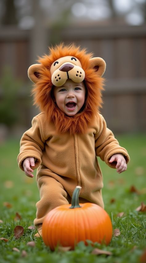 Photo of a child on Halloween Newborn Lion Costume, Lion Newborn Photoshoot, Halloween Theme Newborn Photos, Newborn Pumpkin Costume, Lion Halloween, Colors Of Fall, Mini Pumpkins, Pure Joy, Making Memories