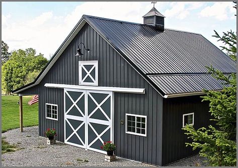 Black Barns Exterior, Pole Barn Horse Barns, Pole Barn Exterior Ideas, Barn Siding Exterior, Metal Barn Colors Scheme Exterior, Cupolas On Barns, Pole Barn Colors Scheme Exterior, Barn Colors Exterior, Farm Barn Ideas