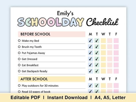 Editable Schoolday checklist for kids | Printable | Kids Chore Chart | Before School, After School, Before Bed | Kids Responsibility Chart digitalplannersstickers #freeprintablekidsplanner #readingplanner #digitaplannerandroid School Day Checklist, After School Routine For Kids, Blank Checklist, After School Checklist, Primary School Activities, Kids Responsibility Chart, Checklist For Kids, Kids Routine, Coping Skills Activities