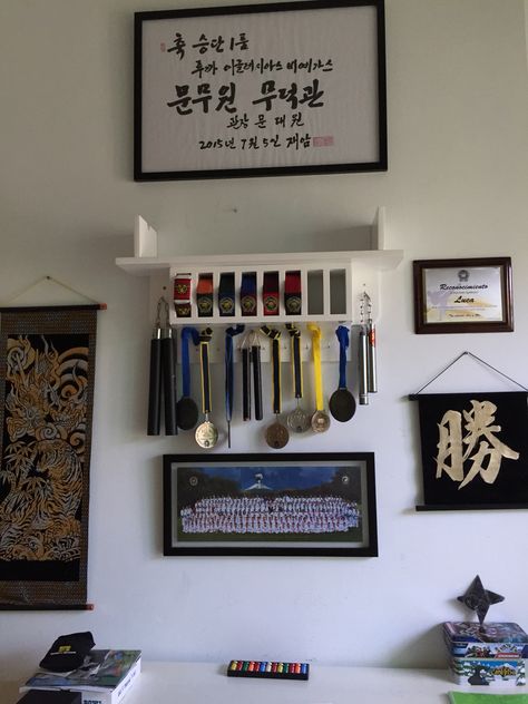 My son's room! #blackbelt #proud #taekwondo #martialarts Karate Room, Taekwondo Uniform, Karate Girl, Gaming Room, Room Aesthetic, Muay Thai, Judo, Taekwondo, Boy Room