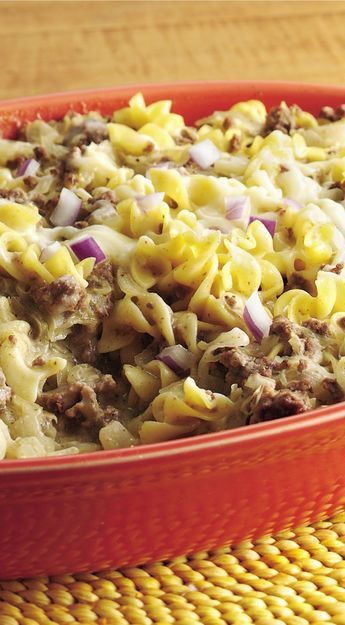 Swiss cheese and a can of soup make a quick, creamy sauce for this savory ground beef and noodle casserole. One can of sauerkraut gives it extra flavor, and makes it the perfect dinner for a St. Patrick’s Day meal. Serve with a side salad for a fresh complement to a hearty dish. Swiss Cheese Recipes, Sauerkraut Casserole, Hotdish Recipes, Sauerkraut Recipes, Beef Casserole Recipes, Noodle Casserole, Potluck Dishes, Perfect Dinner, Ground Beef Recipes For Dinner