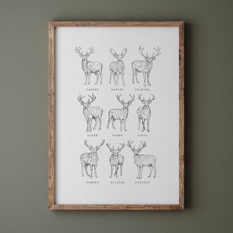 Christmas Decor Reindeer, Sketch Christmas, Christmas Sketch, Vintage Reindeer, Winter Landscape Painting, Christmas Typography, Neutral Christmas Decor, Neutral Christmas, Wall Art Rustic