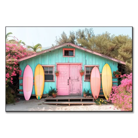 About the Art:   A charming beach hut painted in vibrant turquoise with a weathered pink door stands surrounded by lush, blooming flowers. The hut is flanked by four surfboards in shades of pink and yellow, neatly propped against its exterior. Potted plants line the steps, enhancing the cozy, welcoming atmosphere of this idyllic seaside retreat.  BIG Wall Decor, the leader in large-scale modern wall art, is dedicated to ensuring each selection dramatically enhances your space. Our commitment to Surf Beach House, Beach House Theme, Retro Beach House, Beach Shacks, Future Islands, Turquoise Beach, Big Wall Decor, Free Wall Art, Surfing Pictures