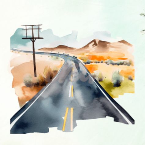 Road Street Highway Watercolor Clipart Road Collage Art, Watercolor Road Landscape, Long Road Illustration, Highway Painting, Road Watercolor, Car On Road Painting, Watercolor Art Journal, Beach Road, Color Crafts