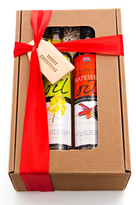 Great hamper box containing 2 large bottles of our oil Bottle Hampers Packaging, Drink Hamper Gift Ideas, Wooden Gift Hamper, Drink Hampers, Wooden Tray For Hampers, Box Hampers, Hamper Box, Christmas Hampers, Hamper Boxes