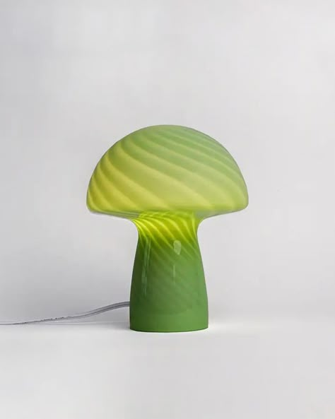 lit glass green stripe mushroom lamp Green Mushroom Lamp, Green Lava Lamp, Green Objects, Futuristic Lamp, Green Lamps, Green Mushroom, Colorful Room Decor, Lamp Green, Beautiful Home Gardens