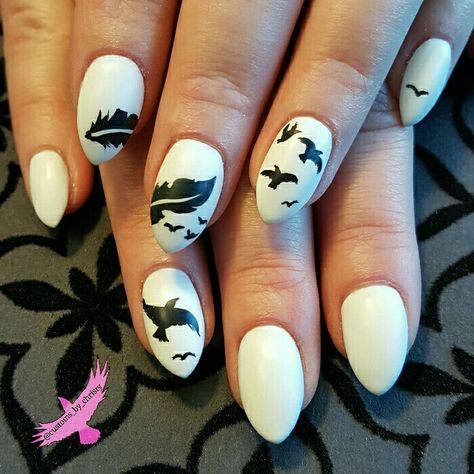 #whitenails #birdnailart #ravens #crows #blacknails #handpainted #detailednailart #handpaintednailart #freehand #freehandnailart #mattenails #slcnails #801nails #saltlakecity @customs_by_christy Raven Nail Art, The Crow Nails, Crow Nail Art, Six Of Crows Nails, Raven Nails Designs, Crow Nails, Raven Nails, Man Nails, Bird Nail Art