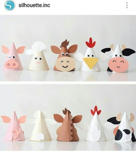 Animal partyhats Animal Party Hats, Farm Animal Crafts, Farm Animals Birthday Party, Farm Animal Birthday, Barnyard Birthday, Farm Birthday Party, Animal Birthday Party, Animal Crafts For Kids, Farm Party