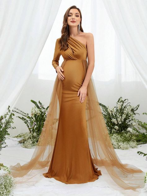 Maternity One Shoulder Mesh Panel Dress | SHEIN USA Mesh Formal Dress, Mesh Panel Dress, Modern Maternity, Formal Maternity Dress, Wedding Dresses For Kids, Mesh Overlay Dress, Wedding Dress Sequin, Sequin Wedding, Maternity Gowns