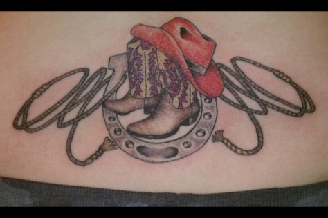 Cowboy In Heaven Tattoo, Roping Tattoo, Shoe Tattoo, Cowboy Hat Tattoo, Austin Tattoo, Word Tattoo Ideas, Hat Tattoo, Horse Shoe Tattoo, Cowgirl Tattoos