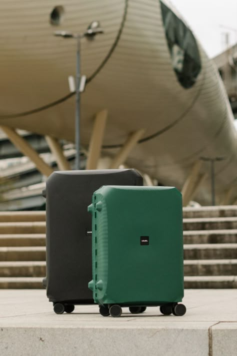 One small Voja LOJEL luggage and one medium LOJEL luggage standing in front of unique modern architecture in Seoul Shape Matching, Travel In Style, On Set, Travel Style, Modern Architecture, Matching Sets, Luggage Bags, Travel Bag, In Style