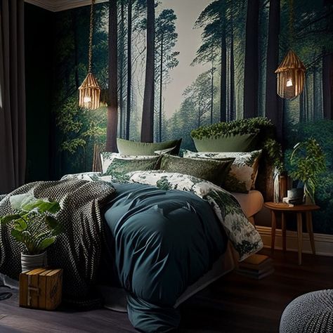 Forest Bedroom Ideas, Forest Themed Bedroom, Bedroom Aesthetic Cozy, Nature Inspired Bedroom, Cozy Forest, Woodland Bedroom, Forest Bedroom, Jungle Bedroom, Design Ložnic