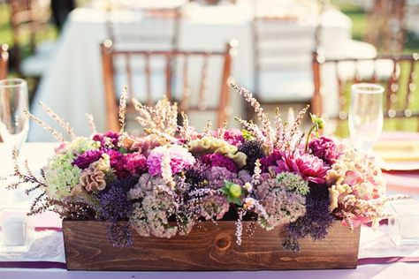 purple centerpiece Wooden Box Centerpiece, Wood Box Centerpiece, Box Centerpiece, Pink Centerpieces, Low Centerpieces, Outdoor Fall Wedding, Pink Wedding Flowers, Wooden Flowers, Wedding Arrangements