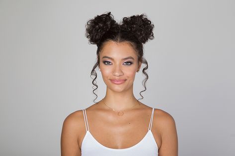 Curls On High Space Buns - SexyHair High Space Buns Curly Hair, Space Buns Drawing, High Space Buns, Curly Space Buns, Buns Drawing, Space Bun Hairstyle, Space Bun Hairstyles, Voluminous Curly Hair, Space Buns Hair