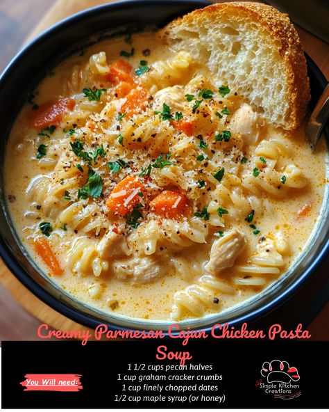 Indulge in the ultimate comfort food with this creamy Parmesan Cajun chicken pasta soup. Packed with bold Cajun flavor and hearty pasta, this soup is the perfect winter warmer. Say goodbye to boring soup nights and hello to a flavorful and satisfying meal with this recipe. Perfect for a cozy night in or impressing guests at your next dinner party. #comfortfood #soup #recipe #Cajunflavors #Parmesancheese #winterwarmer. Creamy Parmesan Cajun Chicken Pasta Soup, Parmesan Chicken Soup, Creamy Chicken Parmesan Soup, Cozy Winter Dinner Recipes, Crockpot Creamy Chicken Parmesan Soup, Cajun Chicken Pasta Soup, Chicken Macaroni Soup, Stovetop Meals, Chicken Parmesan Soup