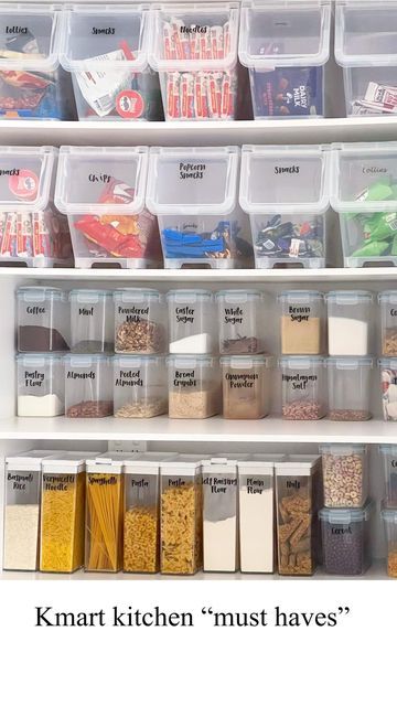 Emma | Melbourne AU on Instagram: "Kmart Kitchen “must haves” - One of my most asked questions is : where you do you get your snack tubs from? The answer is from @kmartaus ; they are called “clear pantry storer on wheels” . I use them for storing my kids snacks for school & noodles. Also can be used for storing potatoes, onions, fruit etc. I love how much they fit and how functional they are. They can be stacked on top of each other and used in the laundry too. All the storage containers I use f Bunnings Storage Ideas, Pantry Organisation Kmart, Corner Pantry Organization Kmart, School Snack Storage Ideas, Pantry Organization Kmart Australia, Kmart Pantry Organisation Australia, Kmart Pantry Organisation, Kmart Kitchens, Pantry Organization Kmart