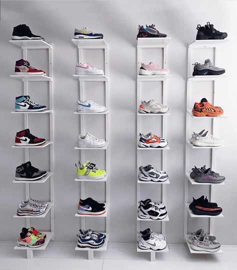 Shoe Storage Display, Sneakers Wall, Elegant Sneakers, Shoe Store Design, Hypebeast Room, Buy Nike Shoes, Clothing Store Interior, Steel Gate Design, Clothing Store Design