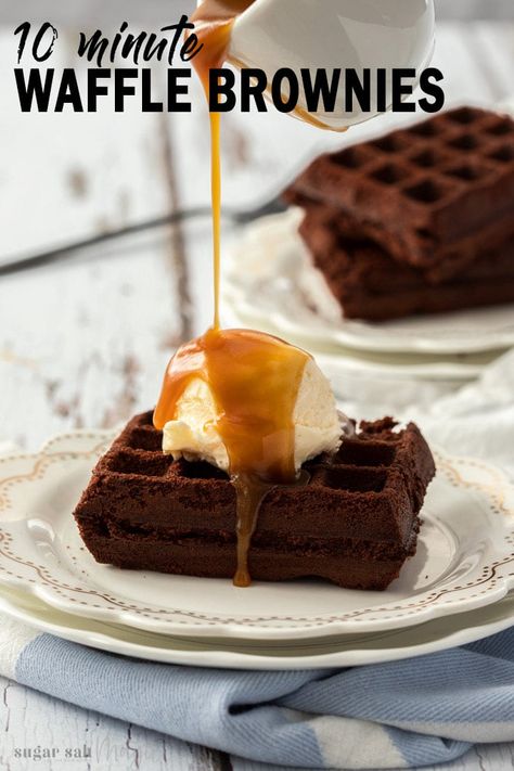 These Waffle Brownies are a fun take on waffles that you can even eat for dessert. Dangerously delicious and dangerously quick, these super chocolate waffles are ready in just 10 minutes. #sugarsaltmagic #wafflebrownies #waffles #chocolatewaffles Waffle Brownies, Waffle Iron Brownies, Waffles Dessert, Oreo Dirt Pudding, Iron Meals, Iron Foods, Brownie Waffles, Butter Mochi, Waffle Ice Cream