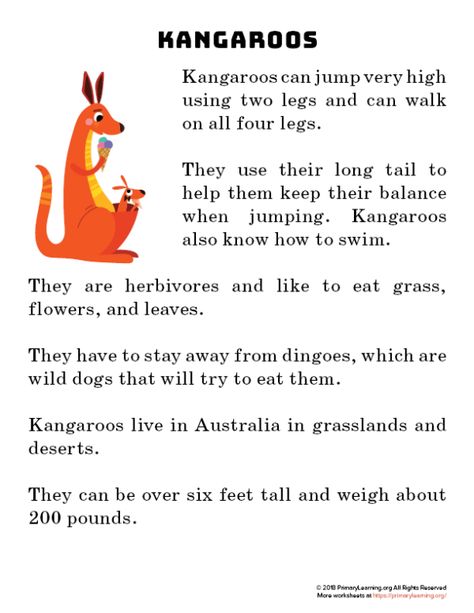 Kangaroo Reading Passage | PrimaryLearning.org Phonics Reading Passages, First Grade Reading Comprehension, Reading Comprehension For Kids, Venn Diagrams, English Stories For Kids, English Short Stories, Science Stories, Science Vocabulary, Word Walls