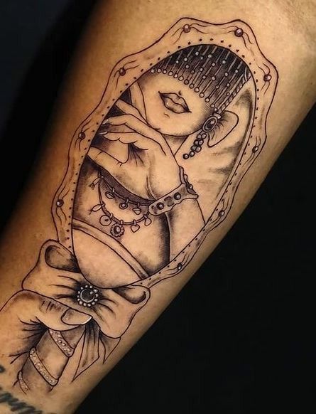 Oshun Goddess Tattoo, Oshun Tattoo, Arm Quote Tattoos, Mirror Tattoos, Mommy Tattoos, Men Tattoos Arm Sleeve, Goddess Tattoo, Crown Tattoo, Face Tattoos