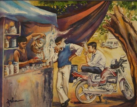 "Chaay Tapri" (Tea Stall) Watercolors Artist: Medha Atre Kulkarni www.Facebook.com/MedhaArtStudio #WorldWatercolorMonth #gardenstatewatercolorsociety Indian Tea Stall Illustration, Tea Stall Composition Painting, Tea Stall Illustration, Road Side Tea Stall Drawing, Tea Stall Composition, Tea Stall Sketch, Tea Stall Painting, Tea Stall Drawing Composition, Tea Stall Design