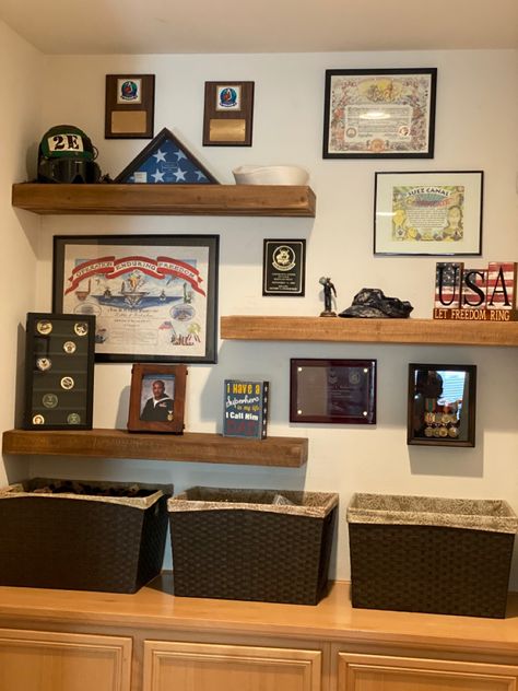 Wall Of Awards Ideas, Army Awards Display Wall, Air Force Office Decor, Army Wall Decor Ideas, Award Plaque Wall Display Ideas, Army Office Decor, Marine Corps Room Ideas, Patriotic Office Decor, Plaque Display Ideas