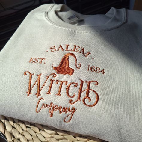 Salem Witch Company Embroidered Sweatshirt, Witch Halloween Embroidered Sweatshirt Halloween Sweatshirt Designs, Halloween Embroidered Crewneck, Halloween Embroidered Sweatshirt, Fall Embroidered Sweatshirts, Salem Massachusetts Halloween, Massachusetts Halloween, Embroidered Bows, Embroidered Halloween, Fall Embroidery