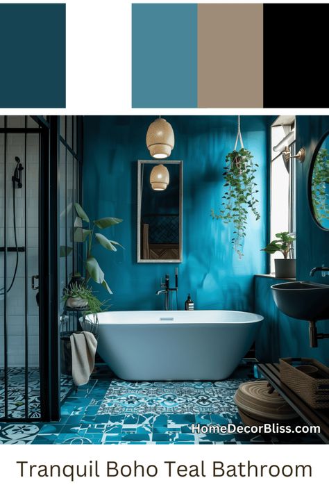 Bohemian Sanctuary: Teal Bathroom with Freestanding Tub and Moroccan Tiles Teal Bathroom Tiles, Dark Teal Bathroom, Bathroom With Freestanding Tub, Moroccan Bathroom Decor, Turquoise Bathroom Decor, Moroccan Style Bathroom, Dark Brown Bathroom, Bathroom Revamp, Deck Kitchen