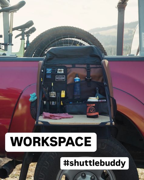 Mechanics Mobile Workspace #truckbed setup. #commandyourspace #fieldmaintenance #santacruzbikes #orbeabicycles #workspace #daylodge #toolbox #pellibikecare #stansnotubes #maxxisbike Truck Bed, Tool Box, Work Space, Bicycle, Bike, Quick Saves