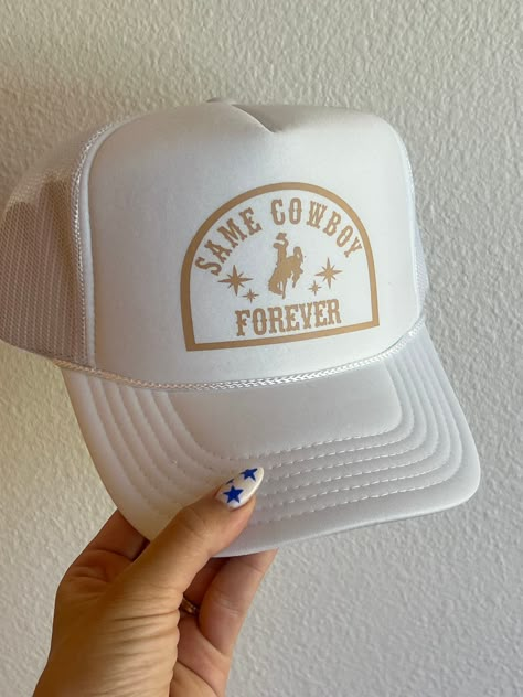 Same cowboy forever, for a new bride or a proud lady! Custom White Cowboy Hat, Black And White Cowgirl Bachelorette, Same Cowboy Forever Bachelorette Party, Country Trucker Hat, Same Cowboy Forever, Bach Trip Ideas, Bride Trucker Hat, Whiskey Bent And Veil Bound Bachelorette, Nashville Outfits Bachelorette Party