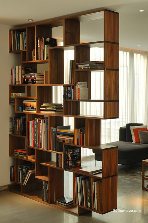 24 Bookshelves As Room Dividers That Look Amazing Living Divider, Bookshelf Design Wall, Interior Design Bookshelves, Area 2023, Partition Wall Ideas, Wooden Partition Design, Design Bookshelves, Interior Partition, Wooden Bookshelves