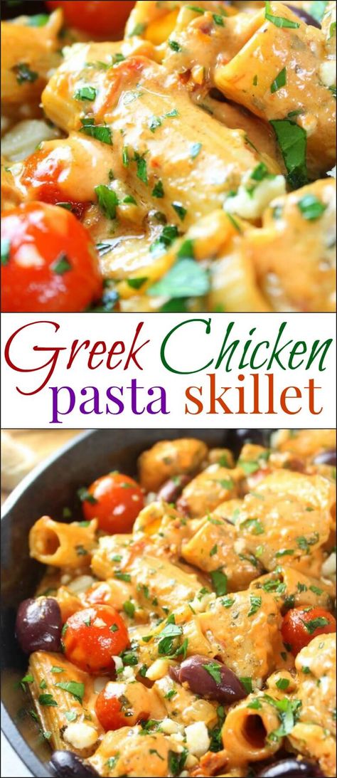 Greek Chicken Pasta Skillet - Oh Sweet Basil Chicken Pasta Skillet, Greek Chicken Pasta, Garlic Chicken Pasta, Pasta Skillet, Skillet Pasta, Greek Pasta, Feta Pasta, Yummy Pasta Recipes, Greek Dishes