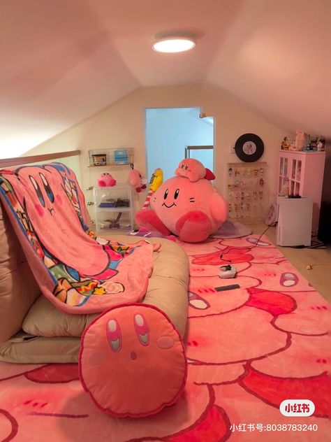 Kirby Themed Bedroom, Kirby Room Aesthetic, Kirby Bedroom Ideas, Kirby Themed Room, Kirby Room Ideas, Kirby Room Decor, Kirby Furniture, Kirby Decor, Kirby Bedroom