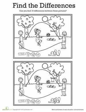 These may look like two identical pictures, but there are 10 differences between them! Color them in, and see if you and your child can find what's different about the bottom picture. If you get stumped, check out the answer sheet. #educationdotcom Spot The Difference Printable, Visualizing Activities, Find The Difference Pictures, Spot The Difference Puzzle, Coloring Worksheets For Kindergarten, Animal Worksheets, Learning English For Kids, Daisy Girl Scouts, Learning Worksheets