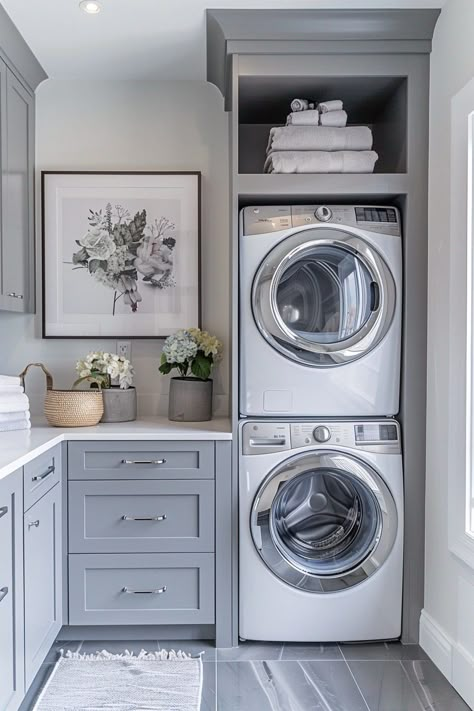 The Compact Urban Laundry Nook transforms a small corner into a fully functional laundry area, using a stacked washer and dryer to maximize floor space. This setup is ideal for urban dwellers with limited space, incorporating streamlined storage solutions that blend seamlessly with other urban decor elements. The use of bright, light-reflecting colors enhances the sense of space, making this stacked laundry room feel larger than it is. Functional lighting and minimalistic design help maintain Laundry Room Layout Stacked Washer Dryer, Mudroom Stacked Washer Dryer, Small L Shaped Laundry Room, Laundry Corner Ideas, Stacked Washer And Dryer Laundry Room, Laundry Room With Bench, Double Stacked Washer And Dryer, Laundry Room With Stackable Washer Dryer, Stackable Washer Dryer Laundry Room