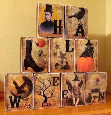 Halloween Decoupage Ideas, Halloween Decopage Ideas, Mod Podge Halloween Crafts, Halloween Minis, Deco Podge, 2x4 Crafts, Halloween Blocks, Halloween Craft Projects, Scout Activities