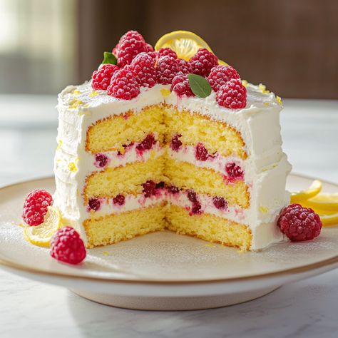 Raspberry Cake With Lemon Buttercream Frosting, Lemon Raspberry Layer Cake, Raspberry Cake With Lemon Buttercream, Raspberry And Lemon Cake, Raspberry Lemon Cake, Lemon Raspberry Cake, Raspberry Lemon Cakes, Lemon Buttercream Frosting, Citrus Cake