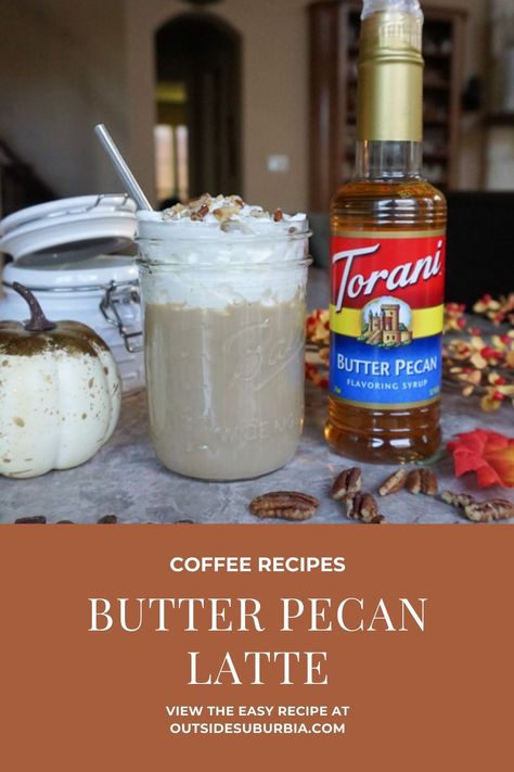 Butter Pecan Latte & Back to School • Outside Suburbia Travel Iced Pecan Crunch Oatmilk Latte, Butter Pecan Syrup For Coffee, Butter Pecan Coffee Syrup, Butter Pecan Iced Coffee, Butter Pecan Coffee, Homemade Creamer, Ninja Coffee Bar Recipes, Pecan Syrup, Butter Pecan Syrup