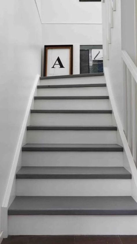 Stairs Painted White, Grey Painted Stairs, Painted Wood Stairs, White Stair Risers, Stairway Makeover, Basement Steps, Gray Stairs, Stairs Renovation, White Staircase