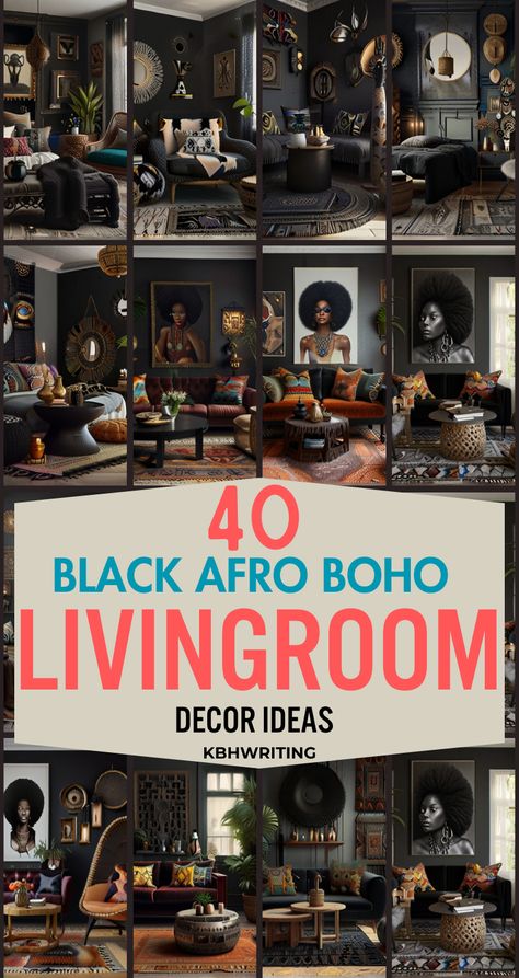 Explore 41 black Boho living room decor ideas for a stylish and eclectic space. From bold accents to layered textures and unique patterns, find inspiration to create a cozy and artistic Bohemian vibe. #BlackBohoLivingRoom #BohoDecor Natural Bohemian Living Room, Black Art Living Room Ideas, African Chic Decor, Afro Maximalist Decor, Boho With Black Accents, Art Wall Living Room Ideas, Boho Living Room Accent Wall, Afrohemian Decor Living Room, Boho Eclectic Living Room Ideas