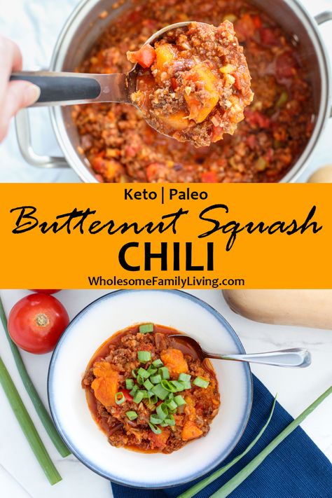 Keto Pumpkin Chili, Low Carb Butternut Squash Soup, Low Carb Butternut Squash Recipes, Keto Squash Recipes, Keto Butternut Squash Recipes, Paleo Butternut Squash Recipes, Keto Butternut Squash, Squash Chili Recipe, Butternut Squash Chili Recipe