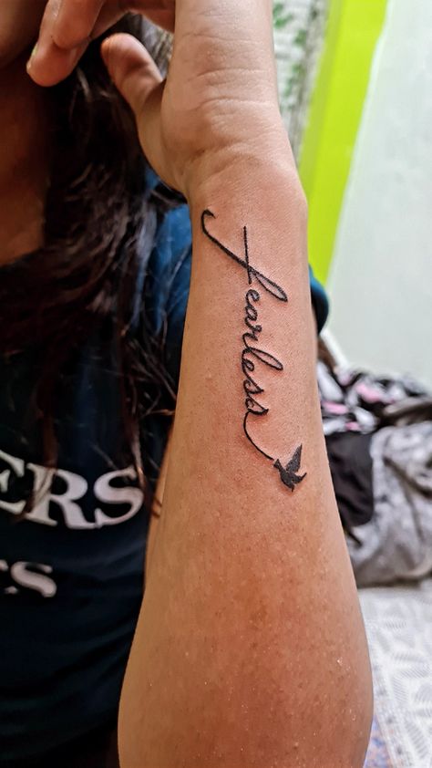 Fierce Word Tattoo, Be Fearless Tattoo, Fearless Tattoos For Women, Fearless Tattoo, Birthday Tattoos, Tattoo Happy, Fierce Tattoo, Birthday Tattoo, Hand And Finger Tattoos