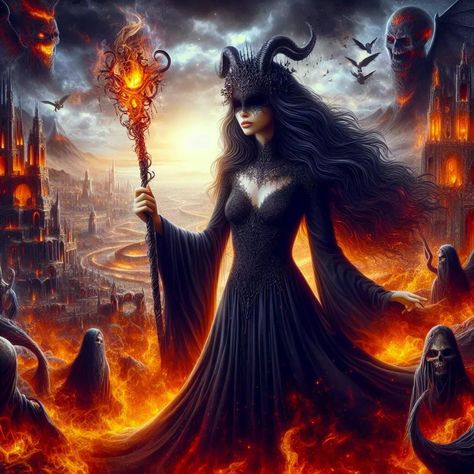 Goddess of Hell #ai #digitalart t #fantasy #magical l #gothic #hell #goddess #darkfantasy Witch Queen Fantasy Art, Medusa Goddess, Female Grim Reaper, Lilith Altar, Dark Goddesses, Lady Hecate, Gothic Girl Art, Full Neck Tattoos, Witch Pictures