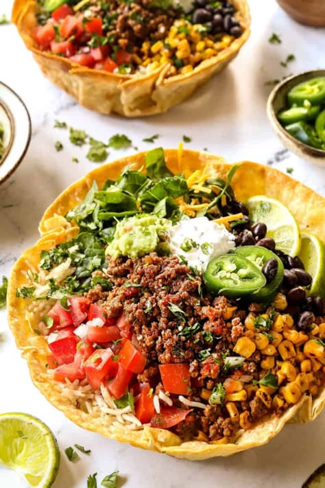 Taco Bowls (plus optional TACO BOWL SHELLS! + Meal Prep) Healthy Taco Bowl, Taco Shell Bowls, Taco Bowl Recipe, Healthy Taco, Taco Shell, Tacos Dorados, Taco Bowl, Ground Beef Tacos, Taco Bowls