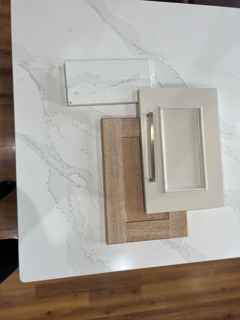 Color Swatches For Home, Grey And Brown Kitchen Cabinets, Track House Remodel, Mullen Design Co, Kitchen Remodel Beige Cabinets, White And Tan Granite Countertops, Light Neutral Kitchen, Light Brown Cabinets White Counter, Organic Modern White Kitchen