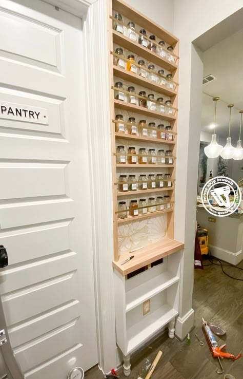 Spice Wall Organization, Wall Spice Storage, Spice Organization Wall, Pull Out Spice Rack Next To Fridge, Spice Wall Rack, Homemade Spice Rack, Spice Rack Diy, Build A Spice Rack, Spice Wall