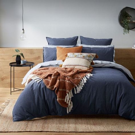 Bed Bath And Table, Navy Bed Styling, Navy And Rust Bedding, Blue And Rust Bedding, Navy Bedding Bedroom Ideas, Light Blue And Tan Bedroom, Navy House Decor, Blue Bedspread Ideas, Navy Comforter Bedroom