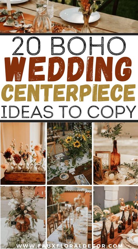 Bohemian Wedding Decorations Receptions, Fall Color Centerpieces Wedding, Boho Table Centerpieces For Party, Fall Boho Wedding Table Centerpieces, Boho Themed Wedding Shower Ideas, Simple Boho Table Centerpieces, Wedding Ideas Boho Rustic, Simple Fall Wedding Table, Simple Boho Floral Centerpieces