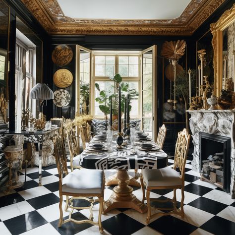 Dining Room With Checkered Floor, Black And White Checkered Floor Dining Room, Checkered Interior Design, Checkered Floor Dining Room, Rugs In Dining Room Ideas, Black And White Maximalist, White Gold Color Palette, Maximalist Decor Eclectic, Gold Color Palette